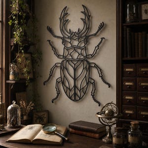 May include: A large, black metal beetle wall art piece. The insect sculpture is mounted on a neutral-colored wall. The beetle has detailed, stylized features. The image is set in a room with a desk, books, and a globe.