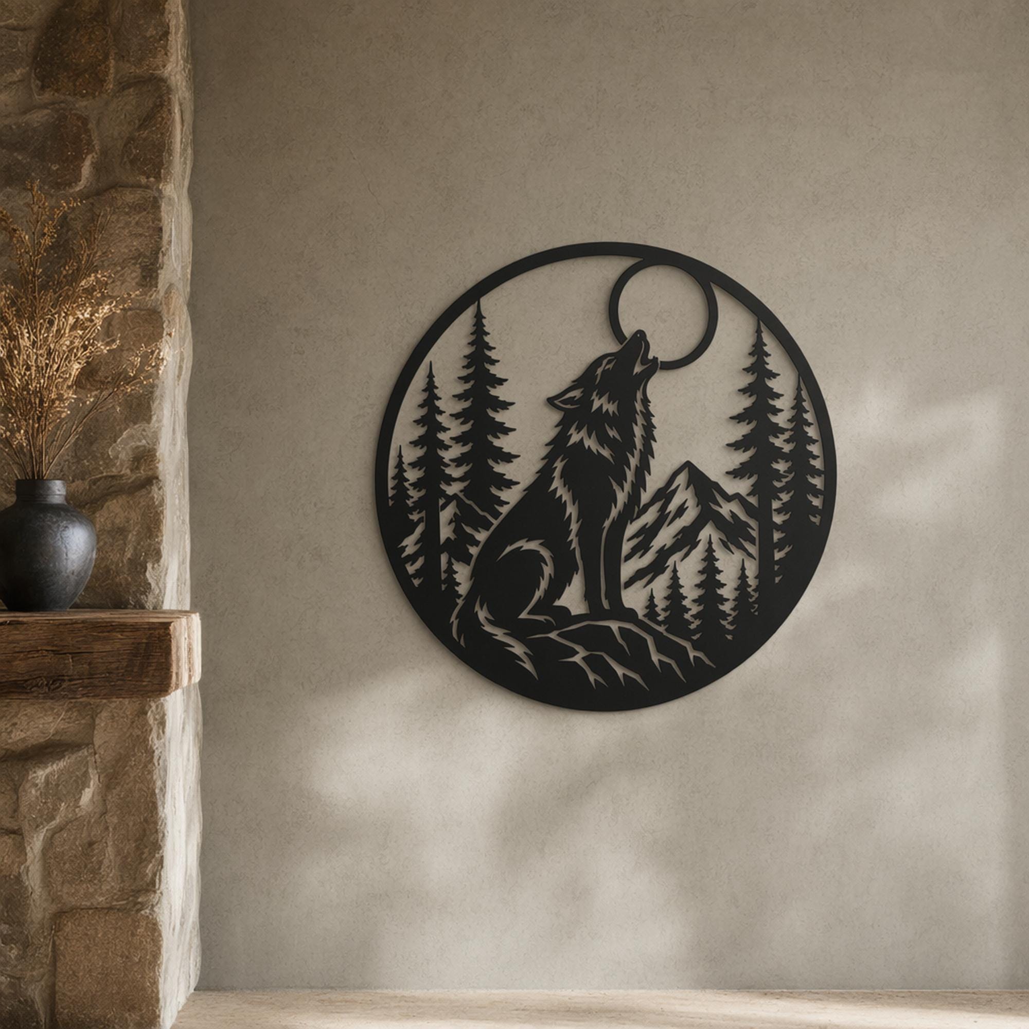 Howling Wolf Moon Wall Art SVG Forest DXF Wildlife File Pine Tree Scene ...