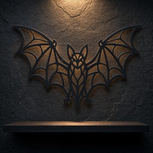 Puede incluir: Decoración de pared de metal negro con forma de murciélago con alas extendidas, montada en una pared de piedra gris oscuro. El intrincado diseño del murciélago se destaca por la cálida iluminación superior. Una estantería de madera oscura está debajo.