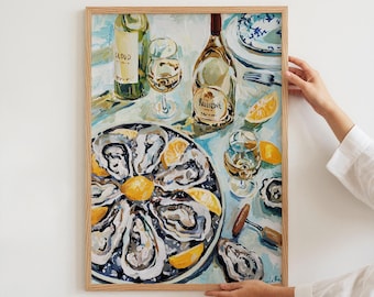 Oyster Still Life Painting with White Wine | Coastal Restaurant Wall Art | Elegant Seafood Kitchen Decor | Modern Fine Art Print