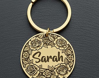Custom Engraved Brass Keychain: Personalized Floral Name Keyring