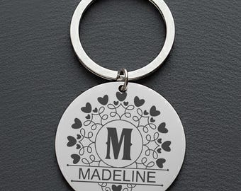 Custom Engraved Stainless Steel Monogram Keychain: Heart Flourish Design