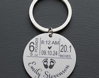 Engraved Birth Announcement Keychain – Personalized Baby Stats, New Mom Gift