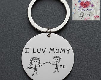 Engraved Kids Art Keychain: Custom Child Drawing Keepsake - Gift for Mom