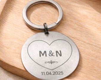 Personalized Couple Keychain, Engraved Initials & Date, Custom Anniversary Valentine Wedding Present
