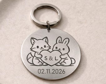 Personalized Animal Couple Keychain, Custom Initials & Date, Romantic Anniversary Valentine Gift