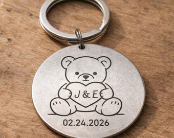 Personalized Teddy Bear Keychain, Custom Initials & Date, Couple Anniversary Valentine Gift