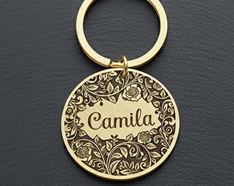 Engraved Brass Keychain: Personalized Floral Name Keyring