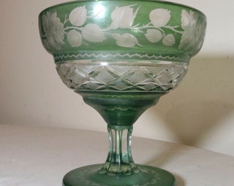 antique handmade cut to clear green crystal centerpiece compote candy dish bowl