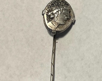 Rare Ancient handmade Greek sterling silver struck coin hat stick pin brooch