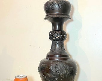 LARGE Antique Meiji Japanese handmade bronze dragon floor vase statue stand