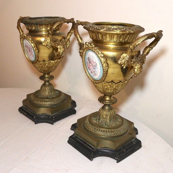 pair of antique ornate gilt bronze porcelain painting urn vase garniture ewer