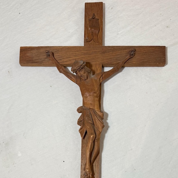 antique hand carved wood religious Jesus Christ crucifix cross sculpture God