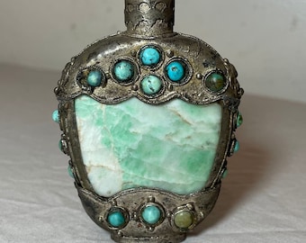antique bronze turquoise green jade stone hand carved Chinese snuff bottle jar
