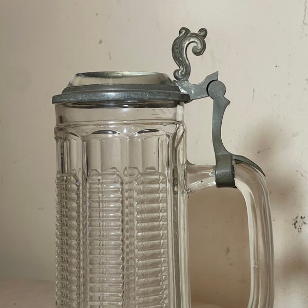 large antique 1800's clear glass pewter German lidded beer stein mug pitcher