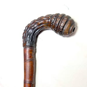 May include: A vintage wooden walking cane with a curved handle. The handle is intricately carved with a textured design and a dark brown finish. The shaft of the cane has a bamboo-like appearance with a rich, reddish-brown color.