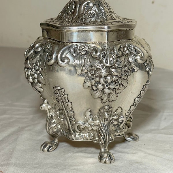 antique George Nathan & Ridley Hayes decorated figural sterling silver tea caddy