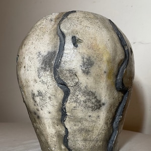 May include: A handcrafted ceramic vase with a textured, off-white surface. The vase features dark gray, organic-shaped lines and intricate crackle patterns. The vase has a unique, organic form, suitable for home decor.