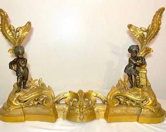 pair 1800's 2 tone ornate dore bronze figural andirons chenets fireplace fender