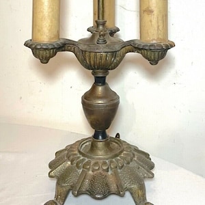 antique ornate Art Deco gold toned cast iron electric candelabra table lamp heavy