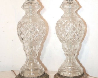 vintage pair of 2 cut clear crystal glass silver toned electric table lamps