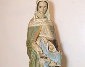 LARGE antique hand painted chalkware Saint Anne w/ Mary Jesus statue figure