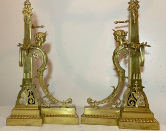 pair of antique ornate Neoclassical bronze fireplace andirons firedogs chanets