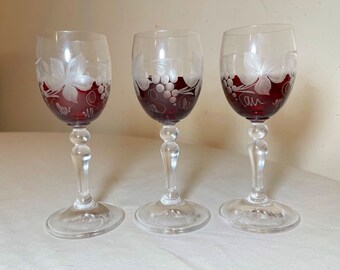 set of three antique cut to clear crystal glass shot cordial glasses w/ stems