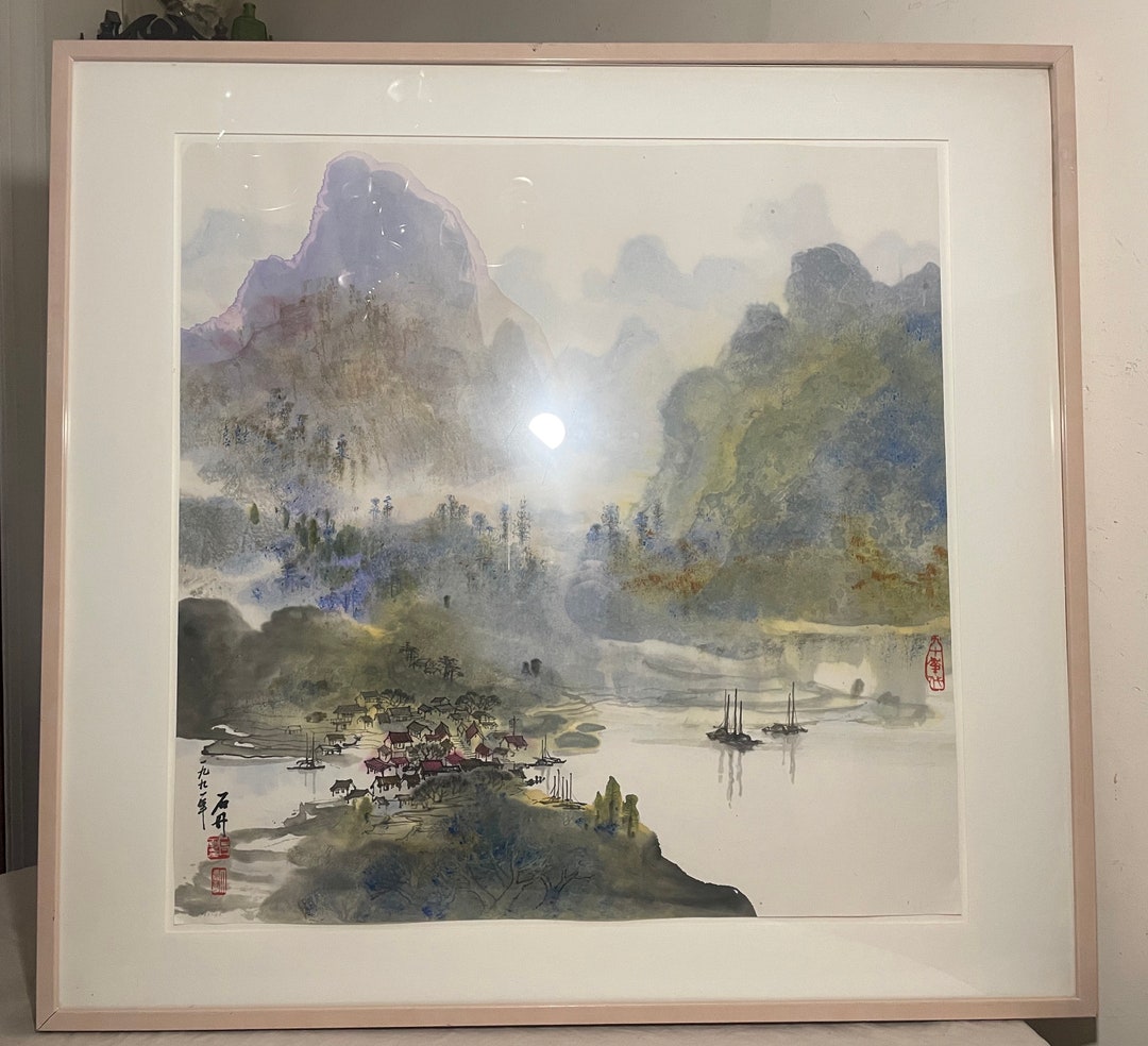 LARGE Vintage 1992 Original Chinese Ink Watercolor Mountain