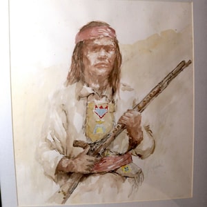 May include: Watercolor painting of a Native American man wearing a red headband and holding a rifle. He is wearing a white shirt with a decorative chest piece and a red sash.