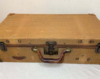 rare antique 19th century handmade woven wicker leather brass travel suitcase