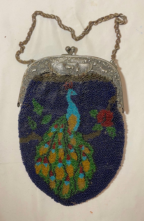 Antique handmade micro glass beaded peacock mosaic