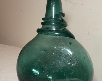 antique 18th century hand blown middle eastern green saddle flask bottle jar