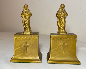 pair of 2 antique bronze patinated gilt religious Jesus Christ figural bookends