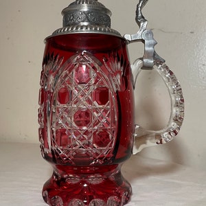 tall vintage hand cut to clear ruby red glass pewter Czech lidded beer stein mug
