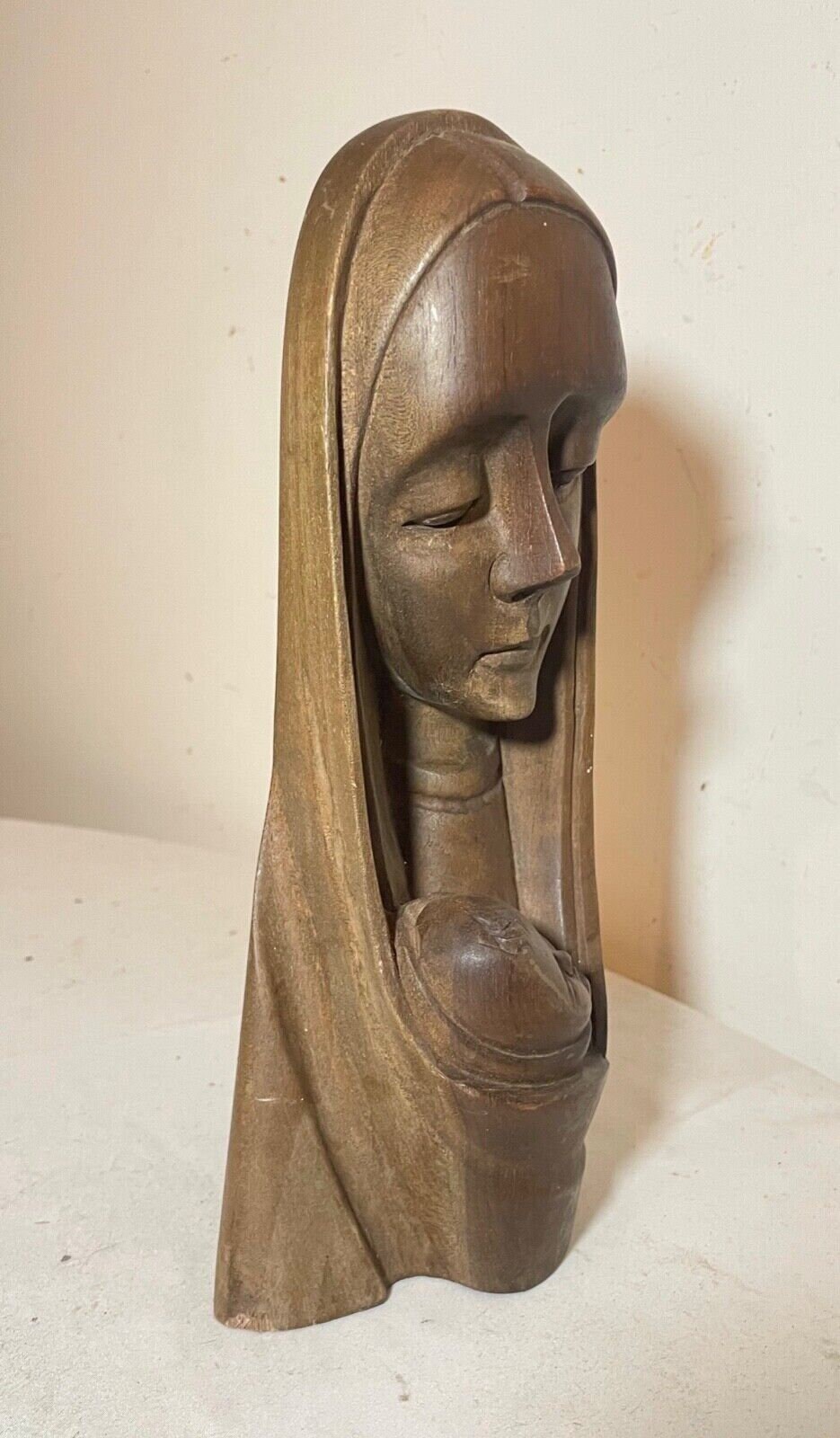 Vintage Hand Carved Wood Religious Virgin Mary Jesus Bust Statue ...
