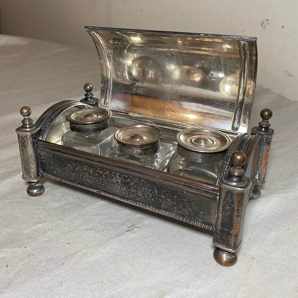 antique 19th century silverplated copper 3 glass jar desk inkwell stand holder