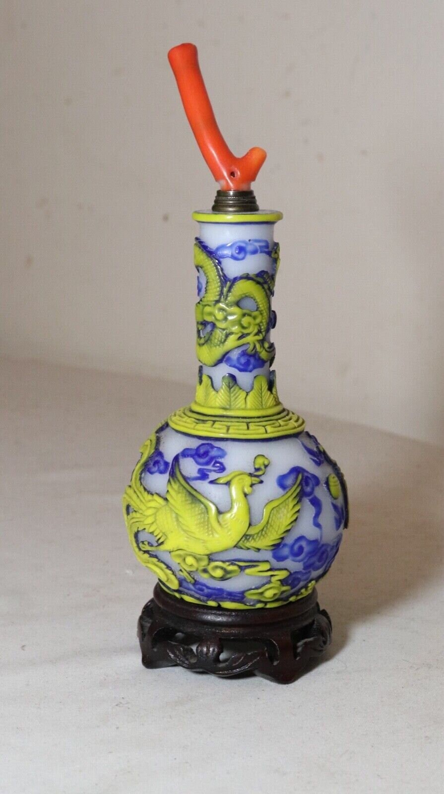 ANTIQUE CHINESE SNIFF Bottle, Handcarved Resin Marked on the Base, Bottle  Featuring Landscape Flower Petal Top China 20th Century 