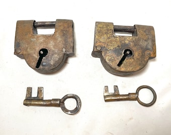 pair of rare antique handmade 1800's pad lock solid steel wrought iron key forged