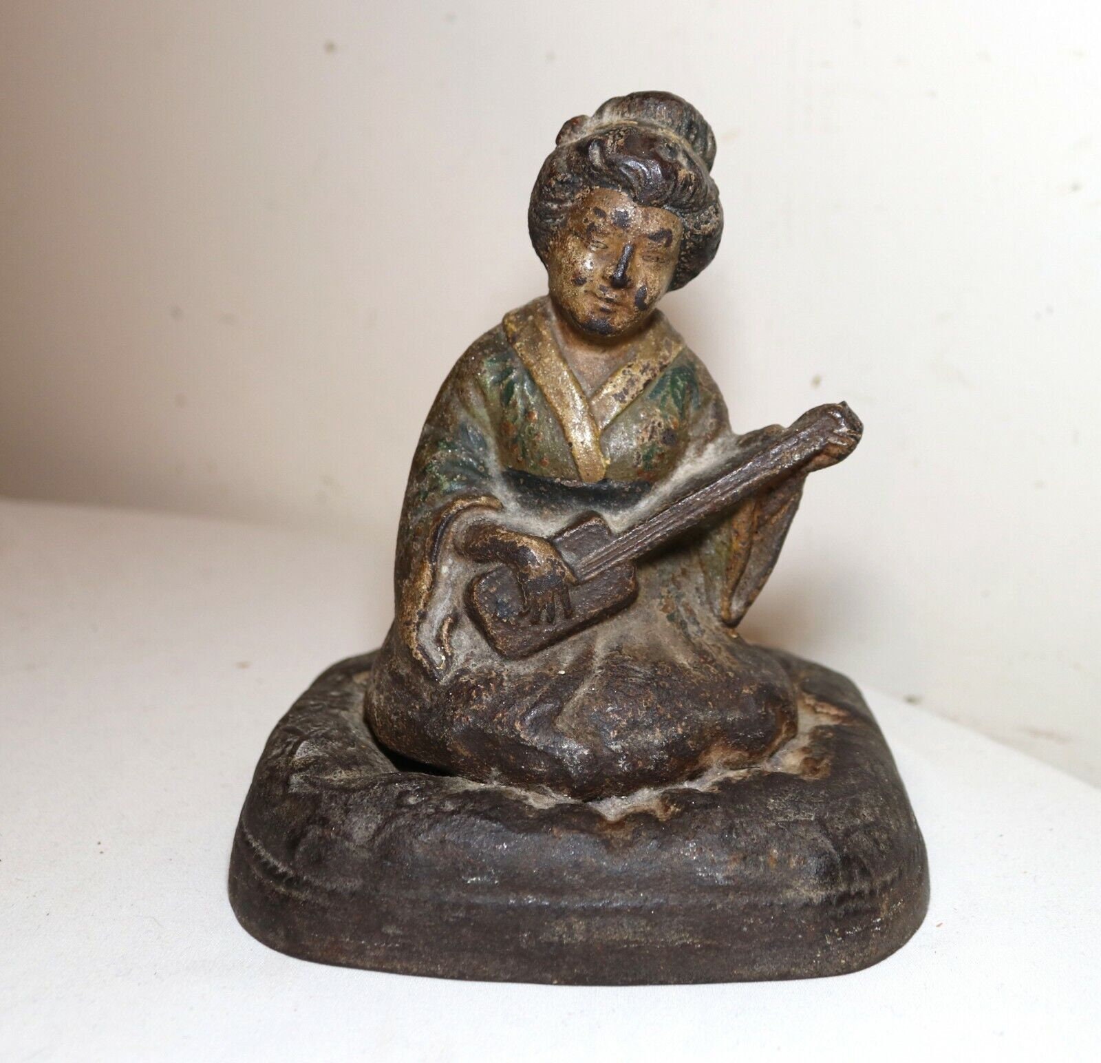 Rare Antique Hubley Cast Iron Japanese Girl Instrument Heavy Figural Doorstop