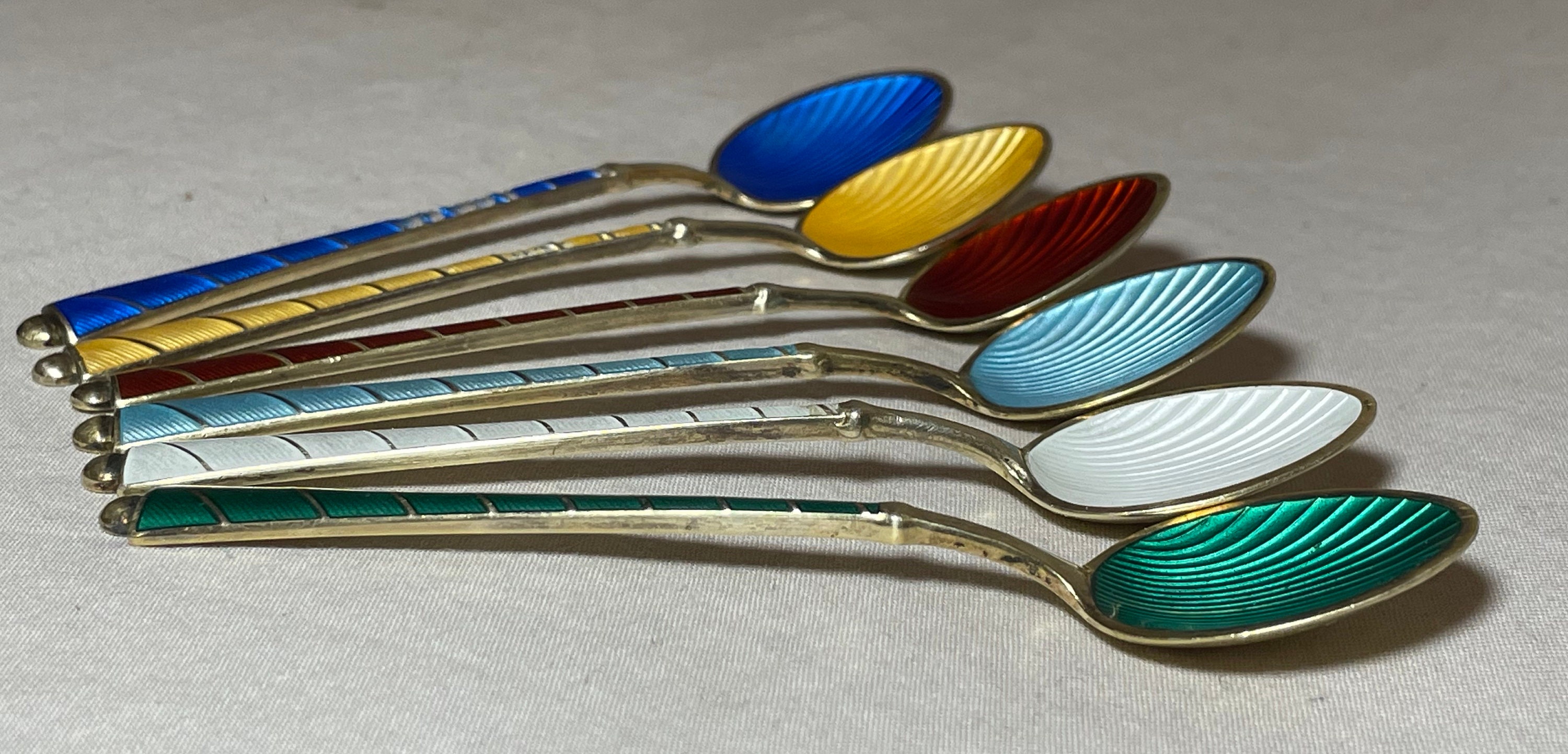 Six Signed Elo Denmark Sterling Silver Gilt Guilloche Enamel Demi