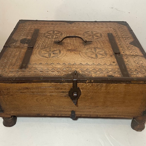 Rare antique 19th C. India Hand-Carved wood wrought iron Dowry Chest Box 1800's