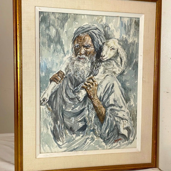 vintage Carol M. West religious church Shepherd sheep watercolor painting art