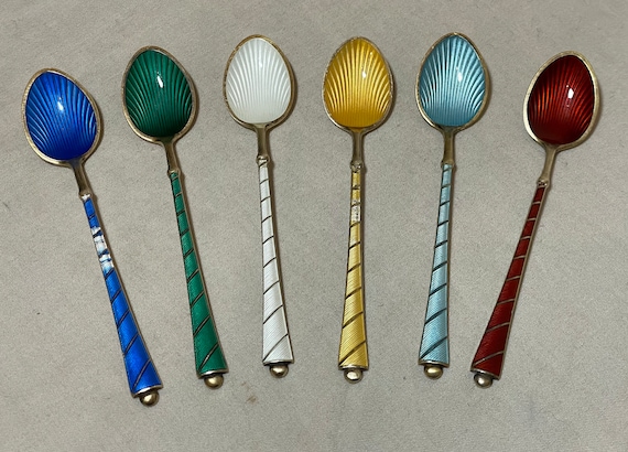 Six Signed Elo Denmark Sterling Silver Gilt Guilloche Enamel Demi