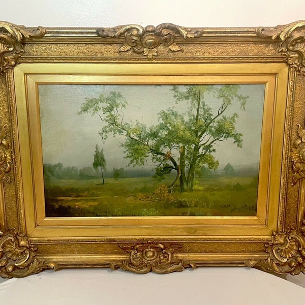 1892 antique Charles Henry Miller Oil on Board marsh Landscape painting realism