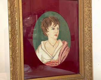 antique 1800's Victorian hand embroidered figural lady needlepoint portrait art
