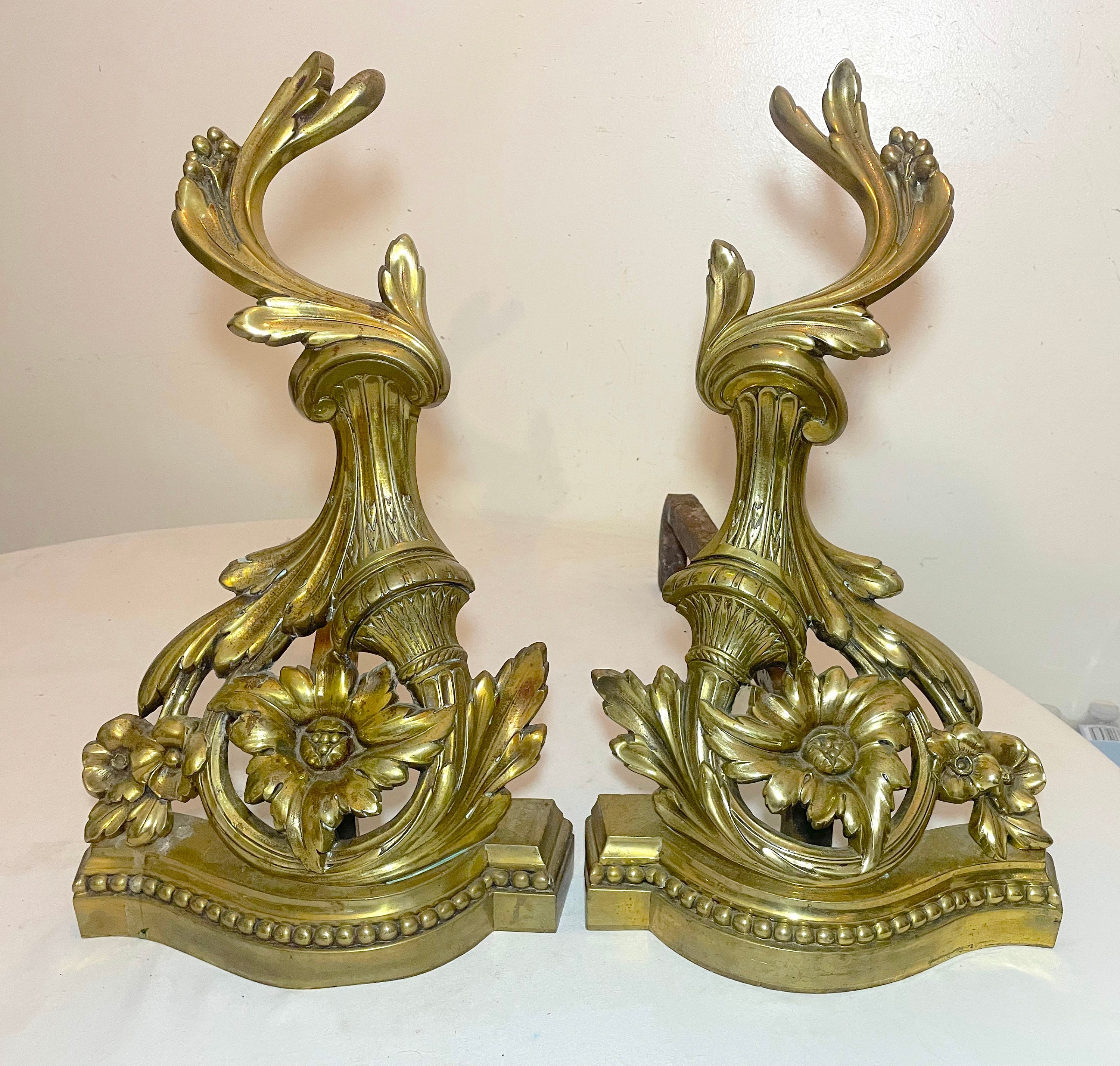 pair of antique ornate Rococo bronze brass cast iron fireplace flower andirons