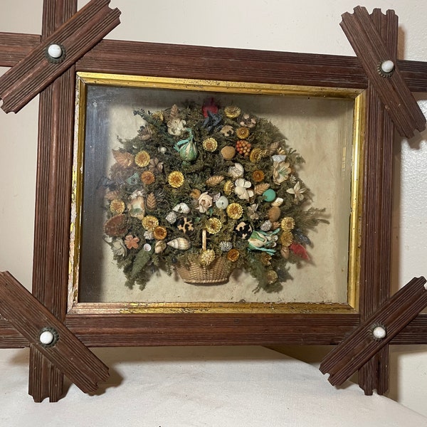 rare antique victorian folk art memorial bouquet shell art wall flower sculpture