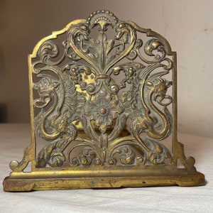 antique 1800's Victorian gilt bronze griffin expandable bookend book shelf caddy