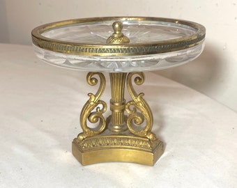 antique ornate French gilt bronze crystal glass candy dish compote card receiver